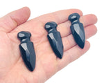 Carved obsidian sword dagger gemstone, 50mm, with detailed craftsmanship, from GemstoneGO, displayed against a neutral background.