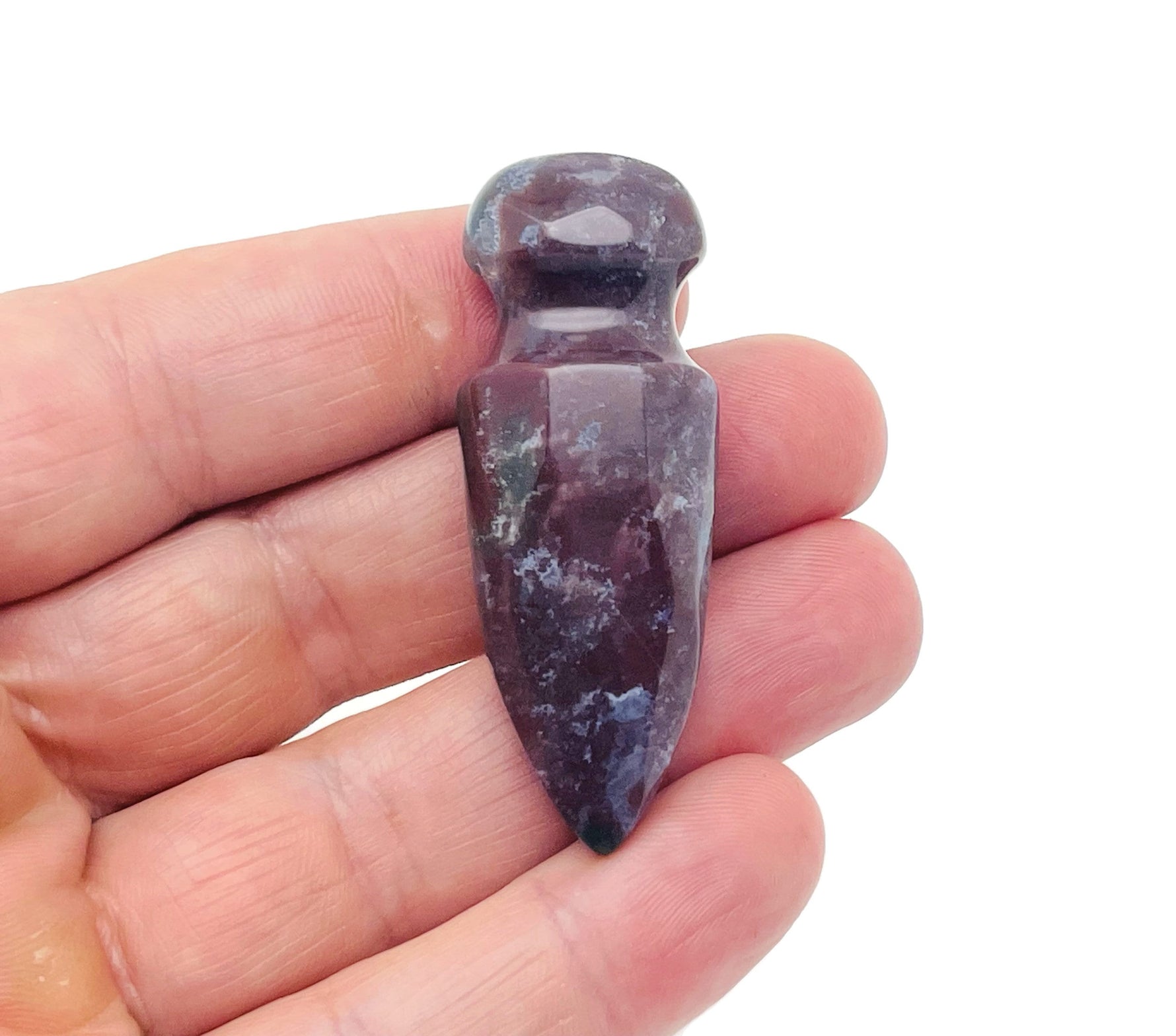 Moss agate sword dagger carved gemstone pendant, 50mm, featuring intricate natural green and brown mineral patterns, by GemstoneGO