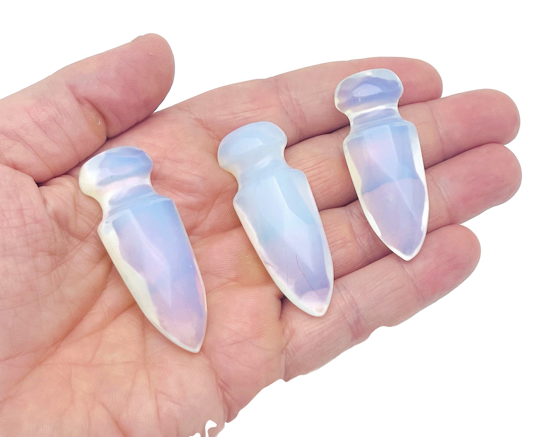 Opalite sword dagger carved gemstone, 50mm length, detailed craftsmanship by GemstoneGO, with a smooth polished finish.