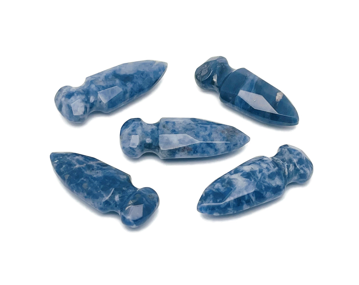 Carved Sodalite sword dagger gemstone pendant, 50mm, with detailed blue and white natural gemstone patterns, from GemstoneGO.