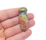 Unakite gemstone carved sword dagger pendant, 50mm, with detailed carvings and vibrant green and pink colors, by GemstoneGO.