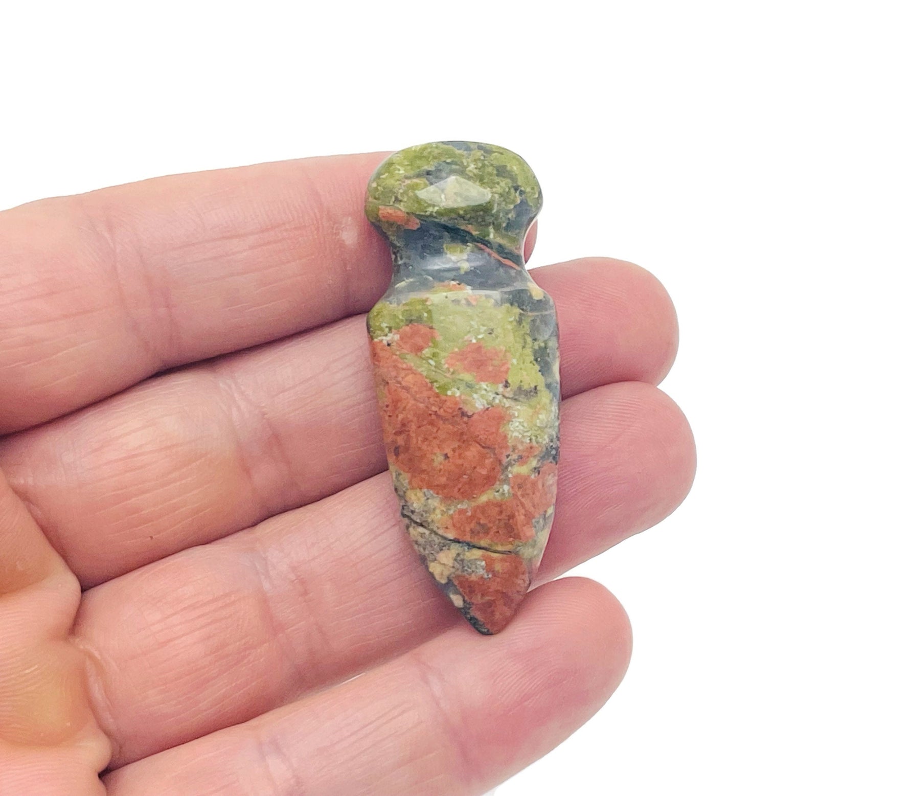 Unakite gemstone carved sword dagger pendant, 50mm, with detailed carvings and vibrant green and pink colors, by GemstoneGO.