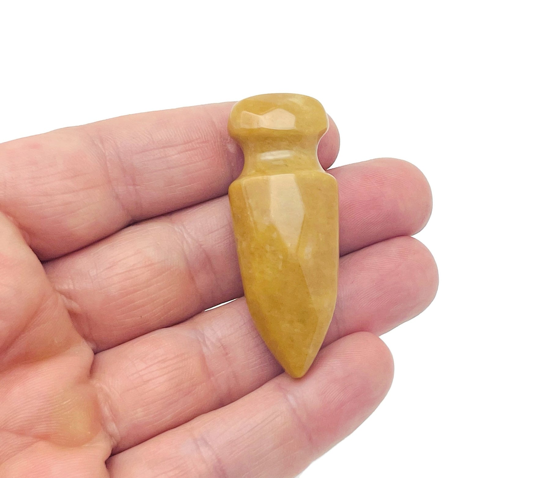 Yellow jade sword dagger carved gemstone, 50mm, showcasing intricate craftsmanship and vibrant yellow color.