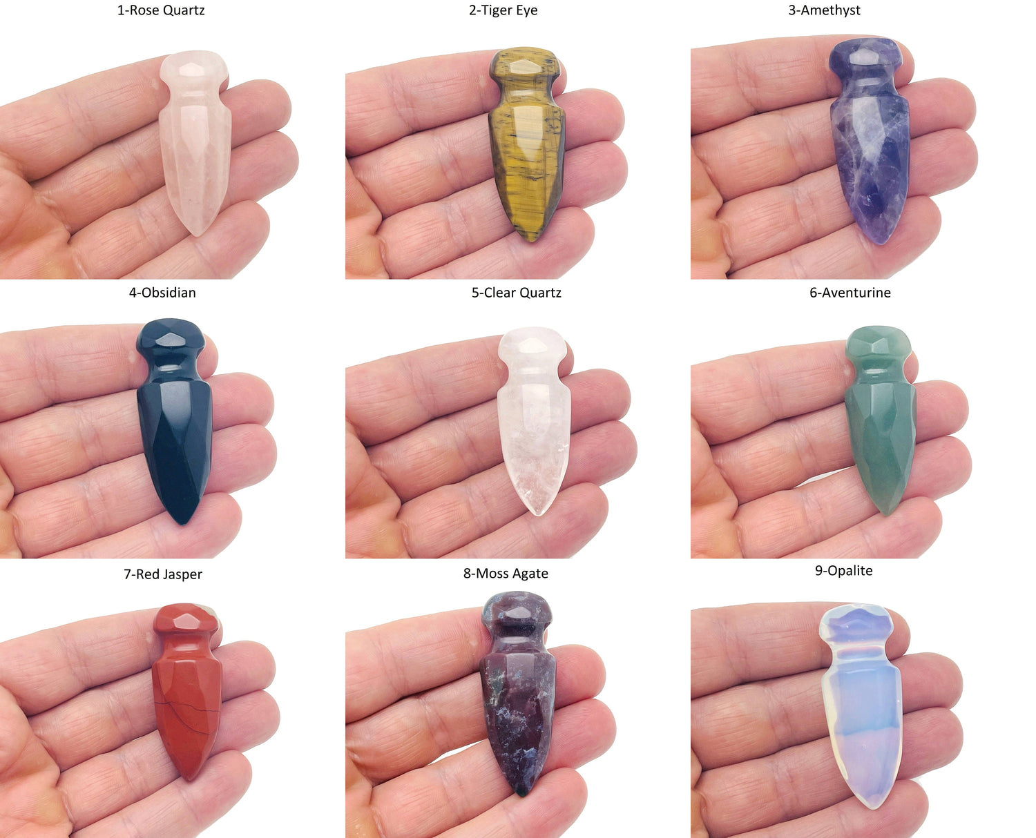Carved gemstone dagger with crystal energy design, 50mm mineral specimen from GemstoneGO, featuring vibrant mixed gemstone colors.