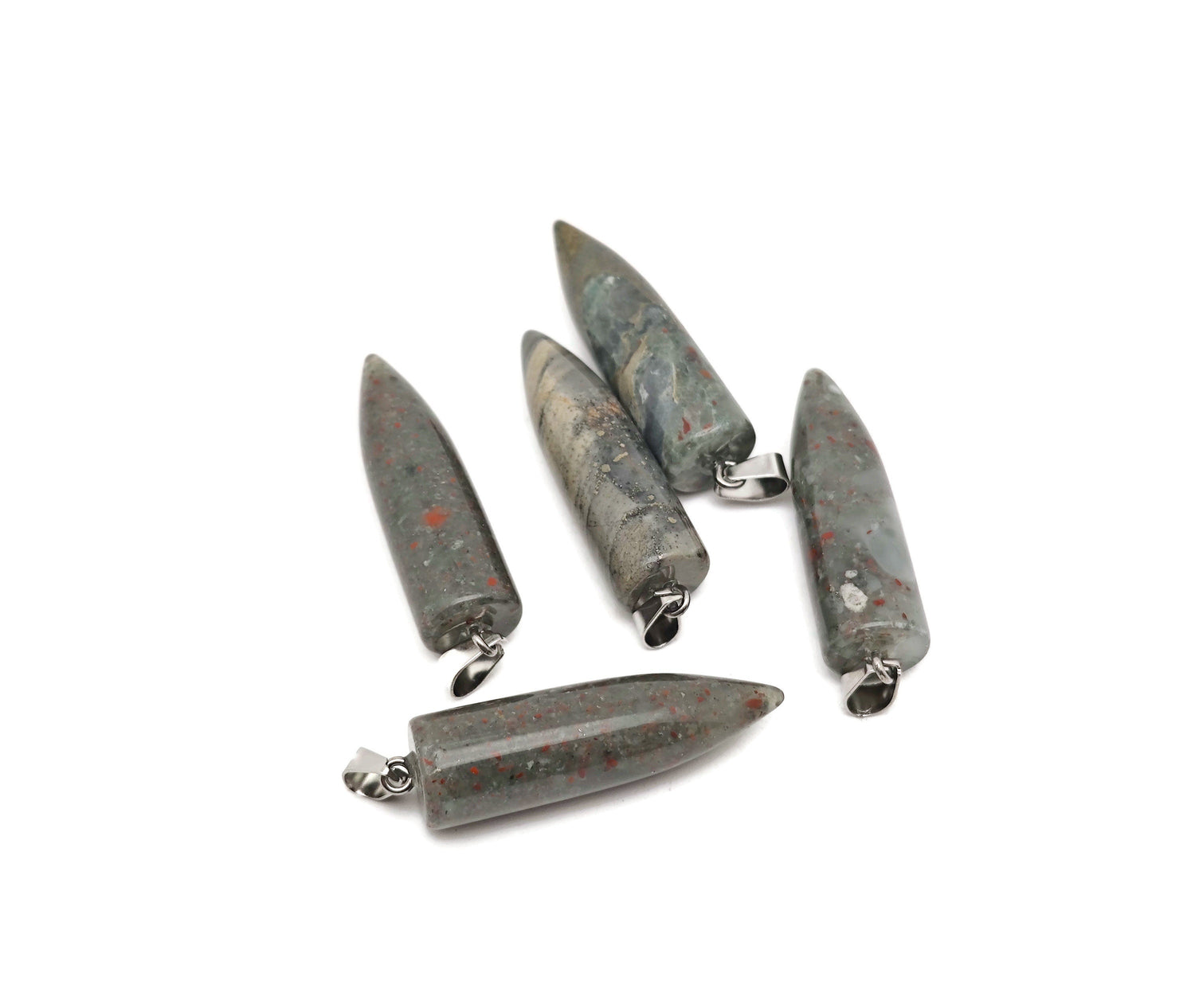 Polished African Bloodstone bullet gemstone pendant with carved details, showcasing deep green and red mineral patterns.