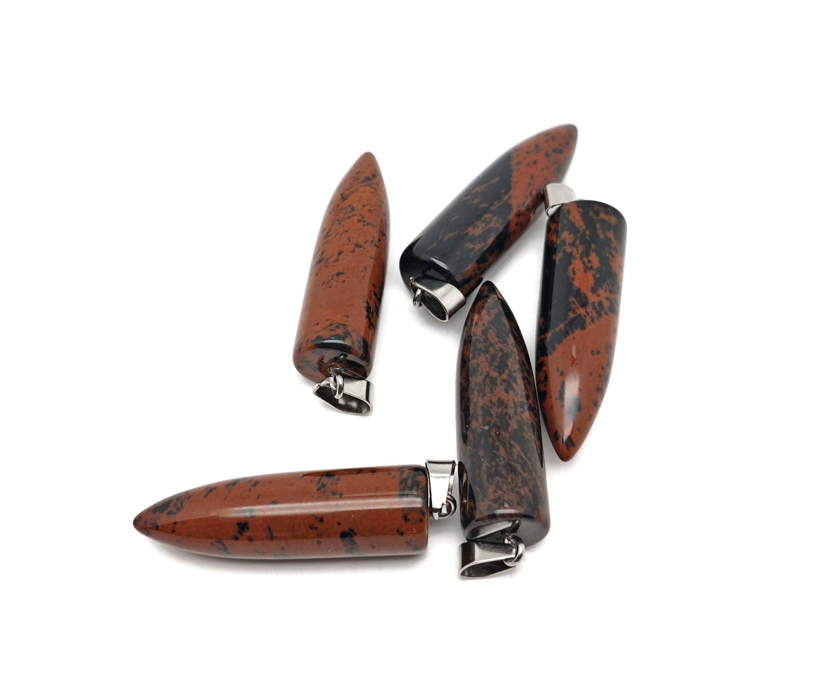 Polished mahogany obsidian bullet gemstone pendant carved into a bullet shape, featuring natural dark red and black hues.