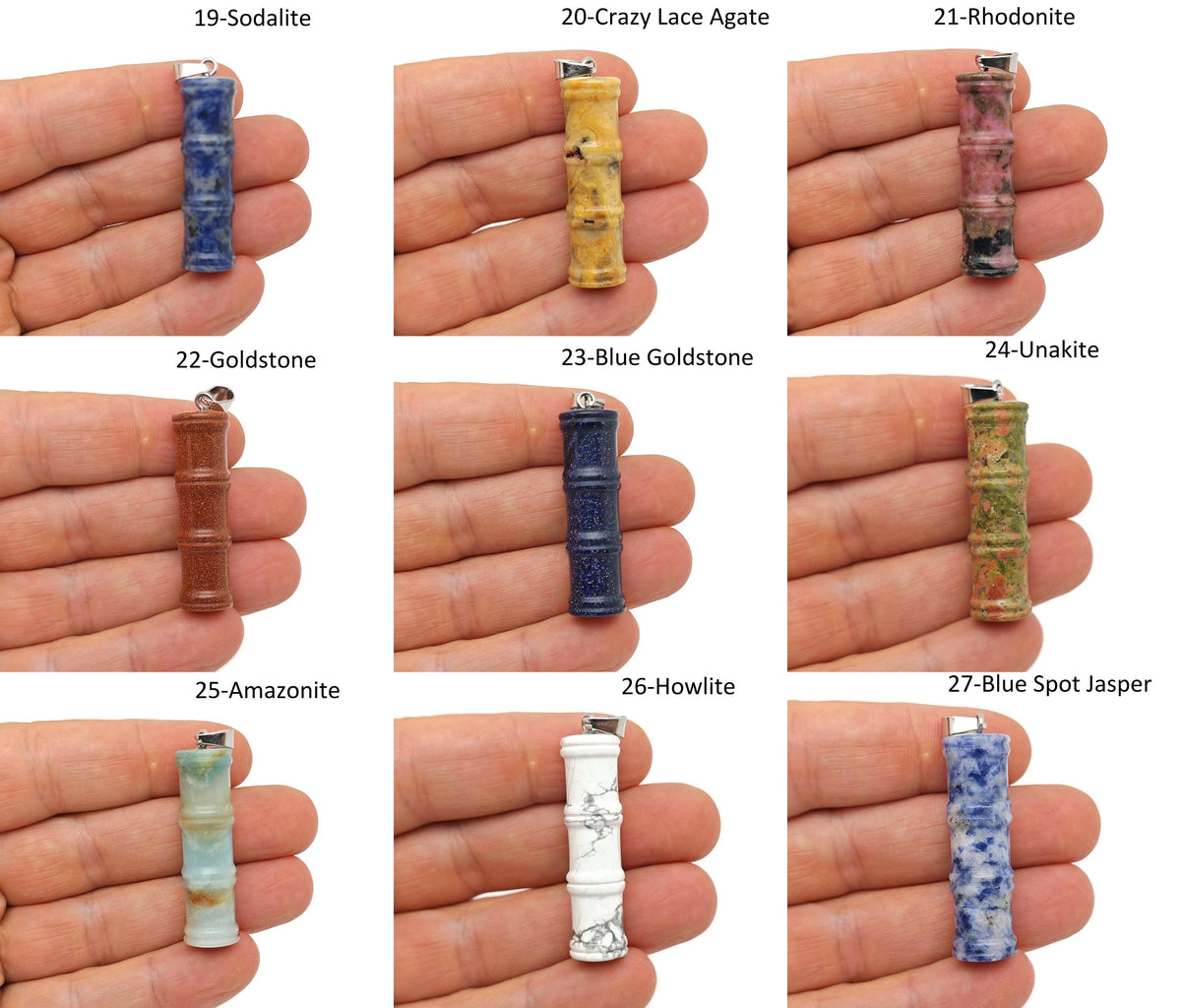 Bamboo-shaped crystal pendant from GemstoneGO with protective clear crystal, bamboo design, and jewelry setting.