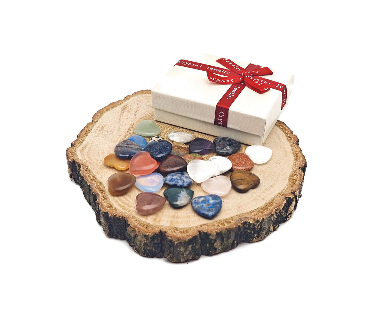 Set of 10 random gemstone crystals from GemstoneGO's Crystal Mystery Box Gift Heart Carving kit, including various colorful mineral specimens.