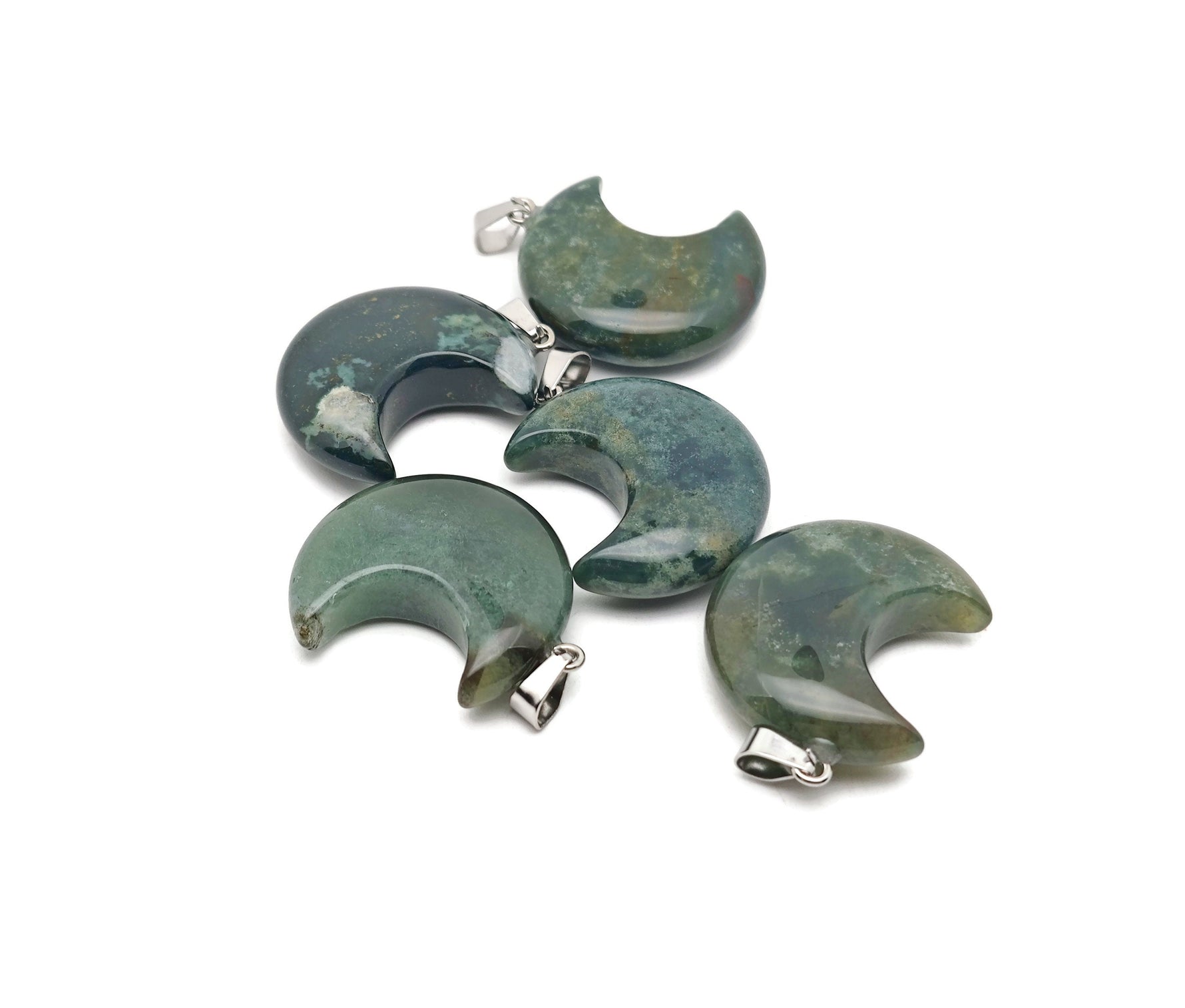 Moss agate moon pendant featuring a crescent moon design from GemstoneGO, showcasing natural green and brown gemstone details.