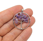 Amethyst Tree of Life gemstone pendant featuring purple amethyst crystals and intricate metalwork.