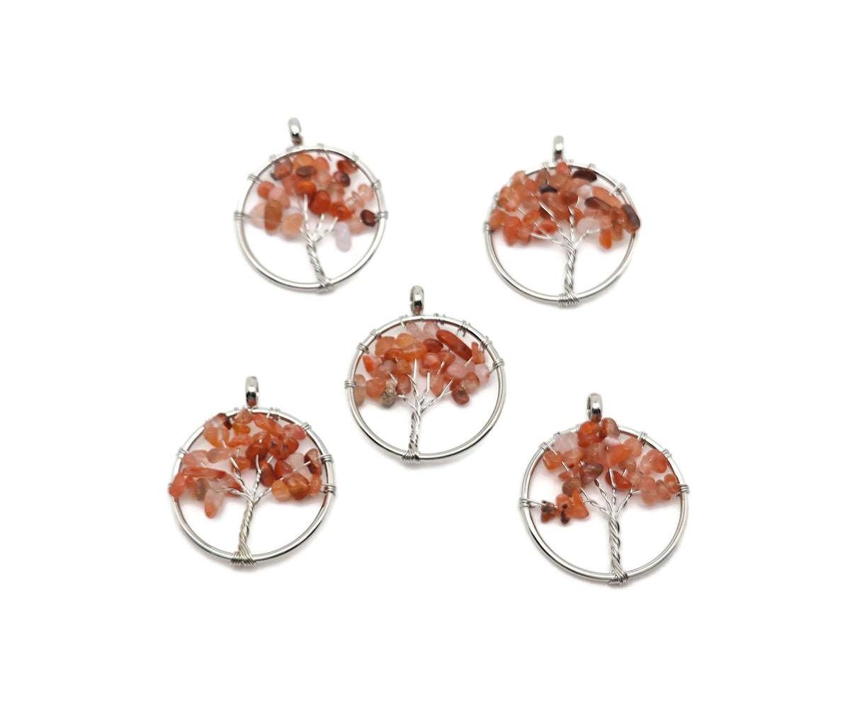 Carnelian Tree of Life gemstone pendant from GemstoneGO, featuring vibrant orange carnelian stones and intricate metalwork.