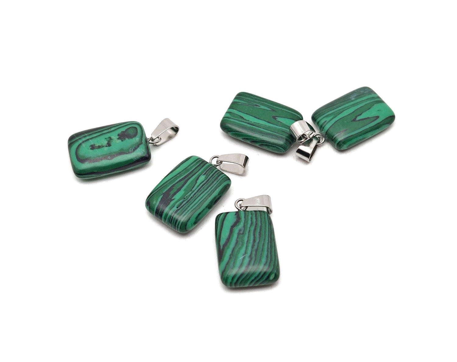 Rectangle-shaped synthetic malachite pendant with vibrant green and black banding, gemstone jewelry piece from GemstoneGO.