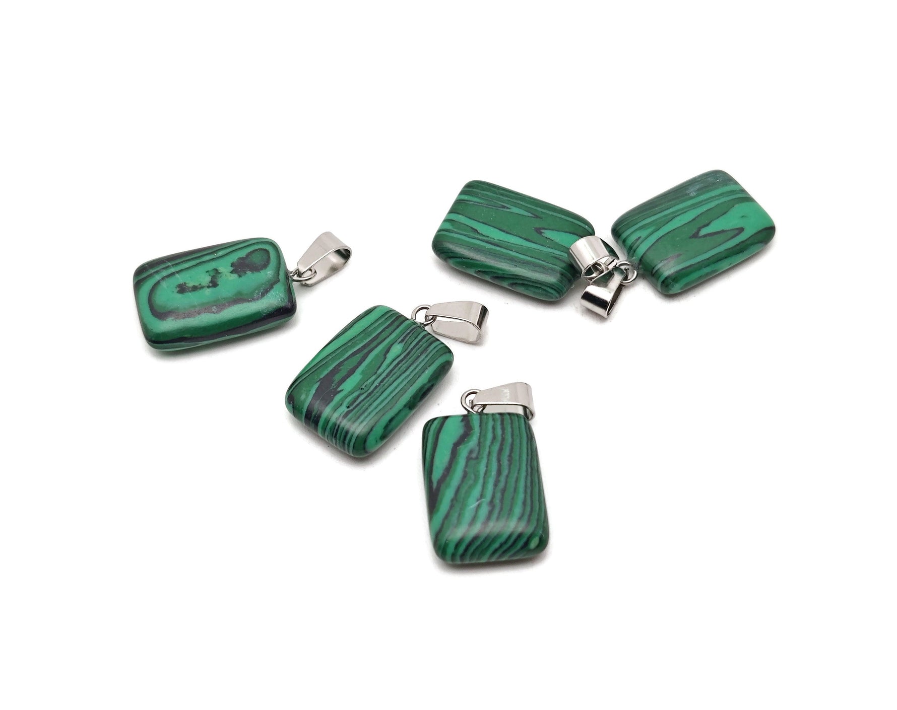 Rectangle-shaped synthetic malachite pendant with vibrant green and black banding, gemstone jewelry piece from GemstoneGO.