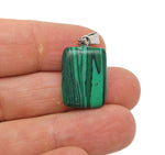 Rectangular synthetic malachite crystal pendant from GemstoneGO, showcasing vibrant green gemstone with natural banding.