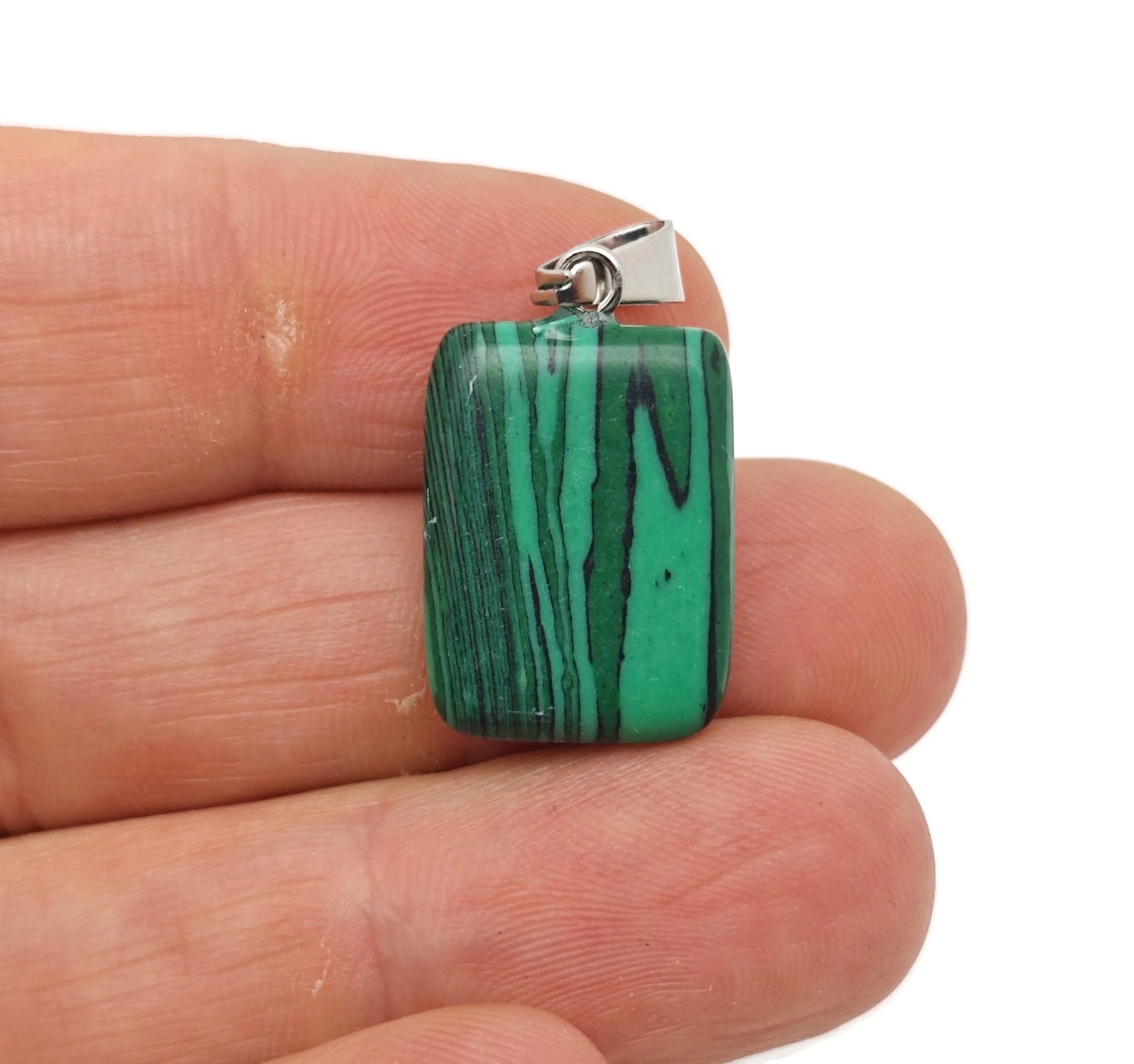 Rectangular synthetic malachite crystal pendant from GemstoneGO, showcasing vibrant green gemstone with natural banding.