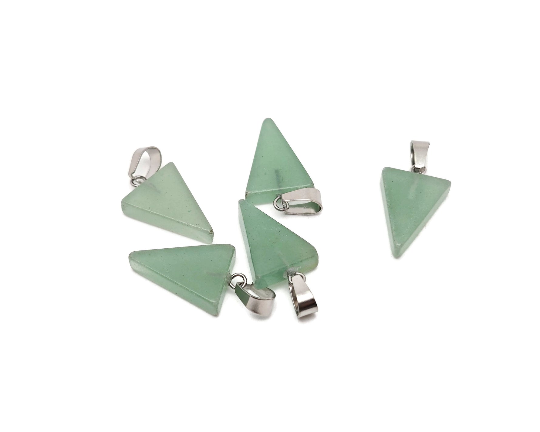 A green aventurine triangle-shaped crystal pendant from GemstoneGO, showcasing a polished gemstone with a smooth surface.