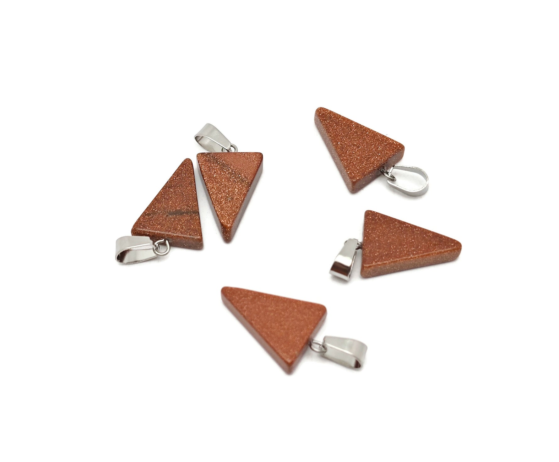 Goldstone triangle-shaped crystal pendant from GemstoneGO, showcasing a sparkling goldstone gemstone with a smooth triangular design.