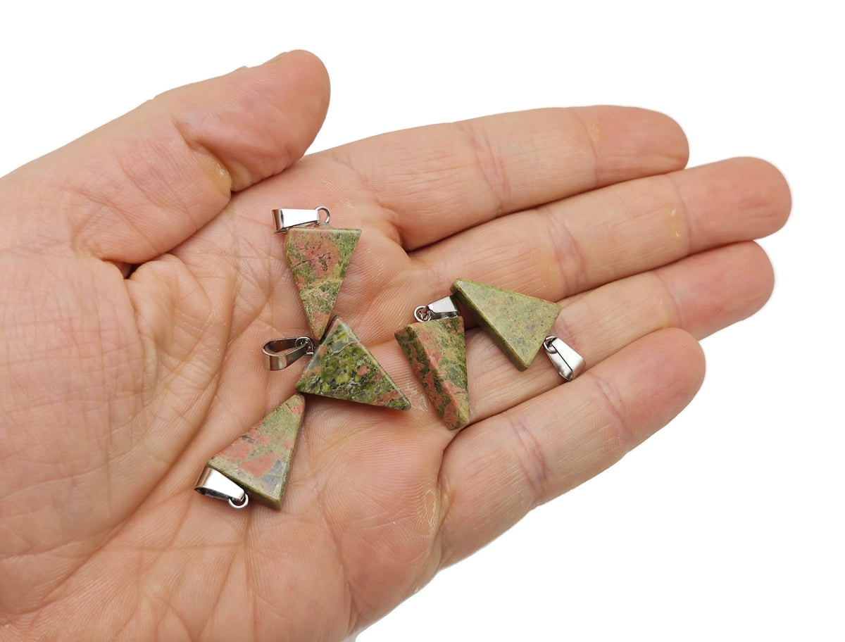 Unakite triangle-shaped crystal pendant from GemstoneGO, showcasing vibrant green and peach hues, polished and ready for jewelry.