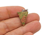 Unakite triangle-shaped crystal pendant from GemstoneGO, showcasing vibrant green and pink hues in a polished gemstone shape.