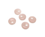 Pink rose quartz crystal donut pendant, 18mm Pi stone from GemstoneGO, showcasing smooth, polished gemstone with a hole in the center.