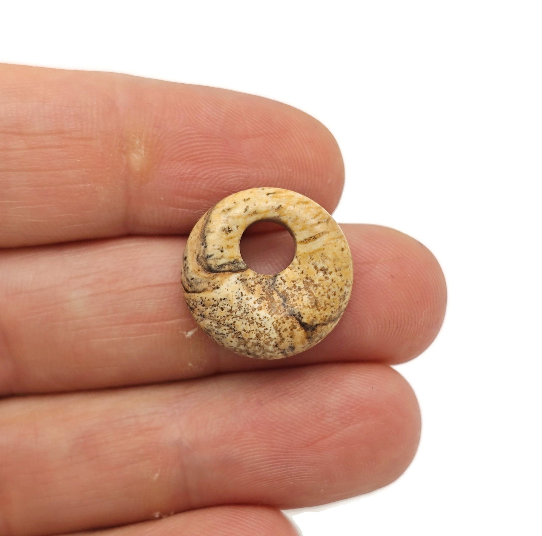 Picture Jasper crystal donut pendant from GemstoneGO, 18mm Pi Stone with natural earthy tones and polished smooth surface.