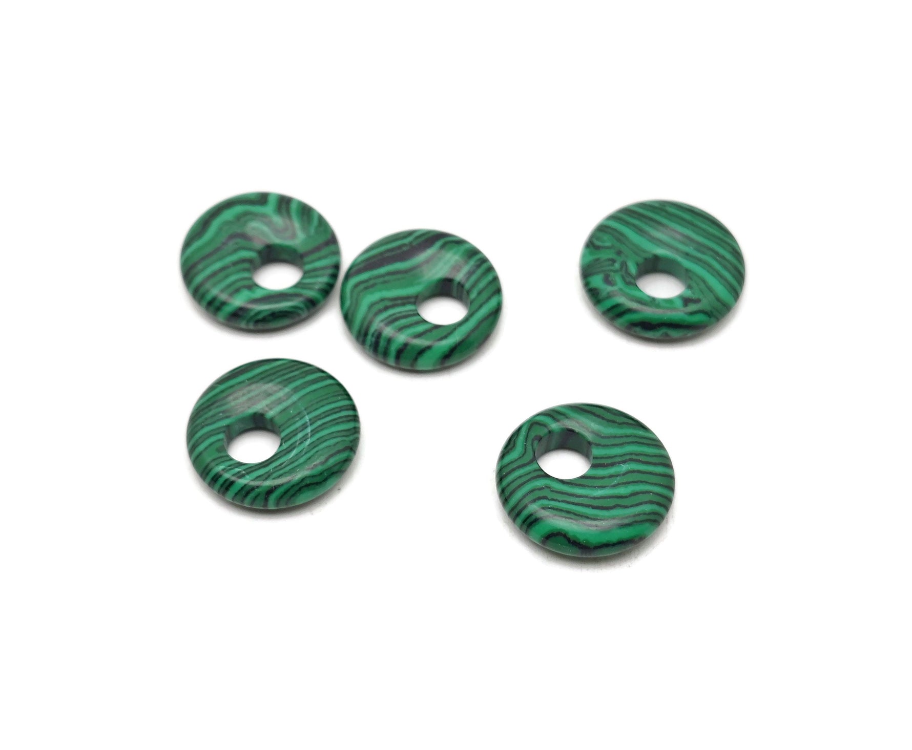 Malachite synthetic crystal donut pendant, 18mm Pi Stone from GemstoneGO, featuring vibrant green and black banded patterns.