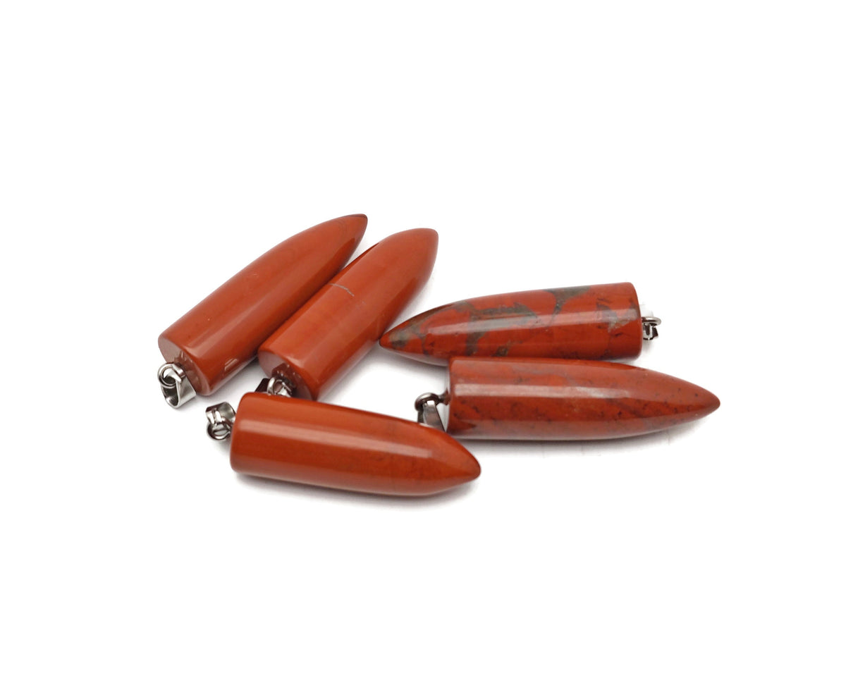 Red Jasper Bullet Gemstone Pendant by GemstoneGO, polished carved bullet shape, showcasing vibrant red color and smooth finish.