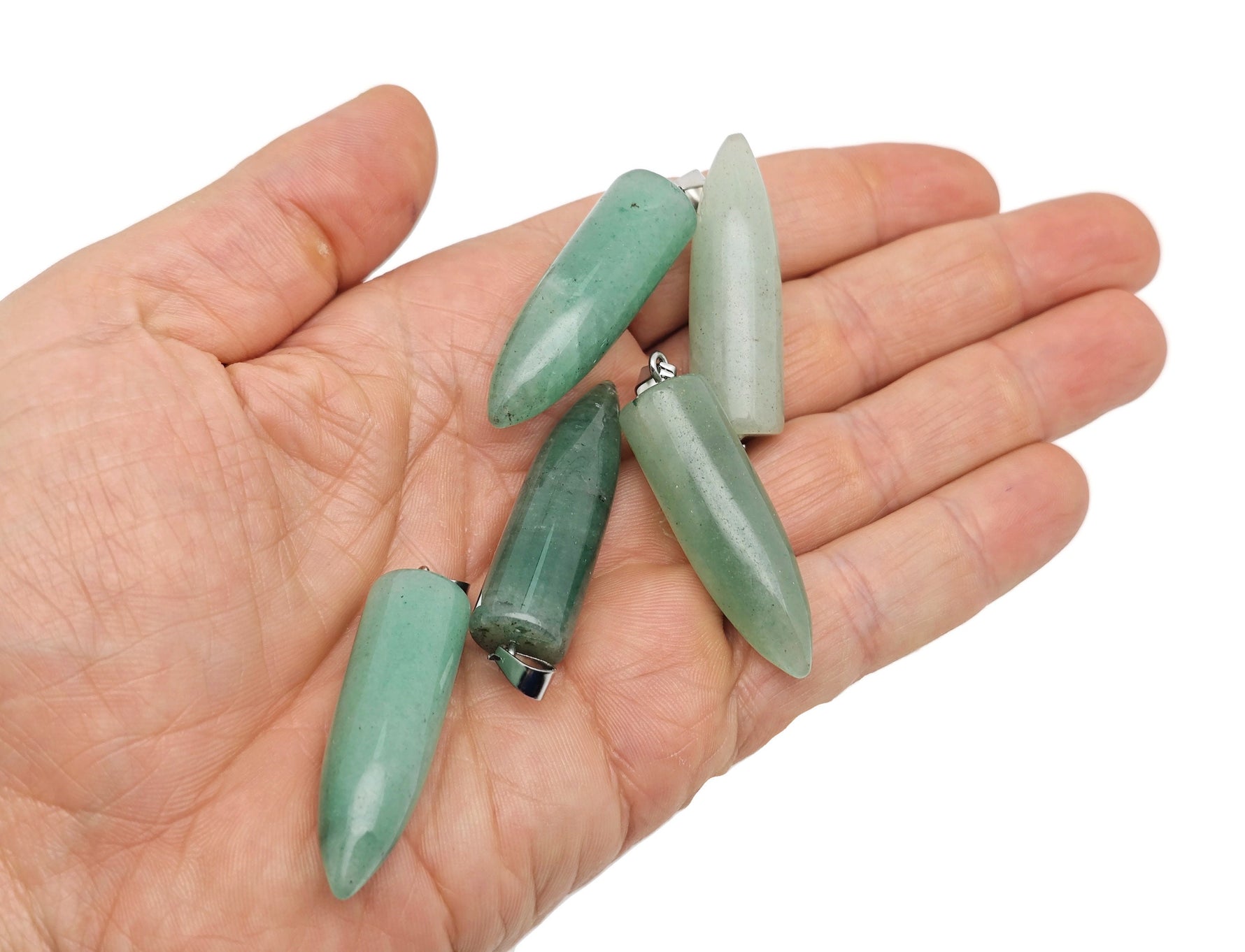 Polished aventurine bullet gemstone pendant with carved details, showcasing a smooth, natural green stone from GemstoneGO.