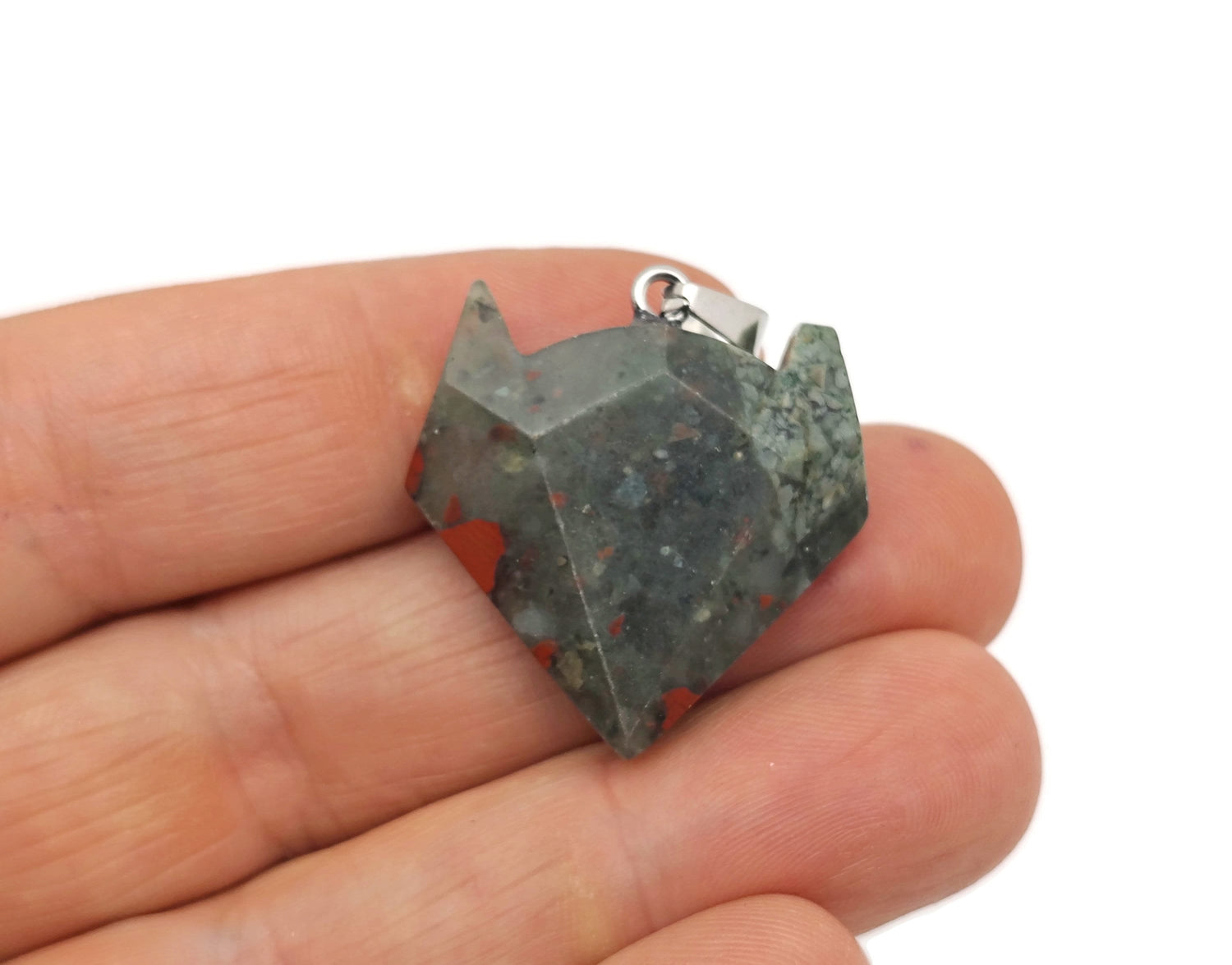 African Bloodstone wolf head gemstone pendant from GemstoneGO featuring a detailed crystal jewelry design.