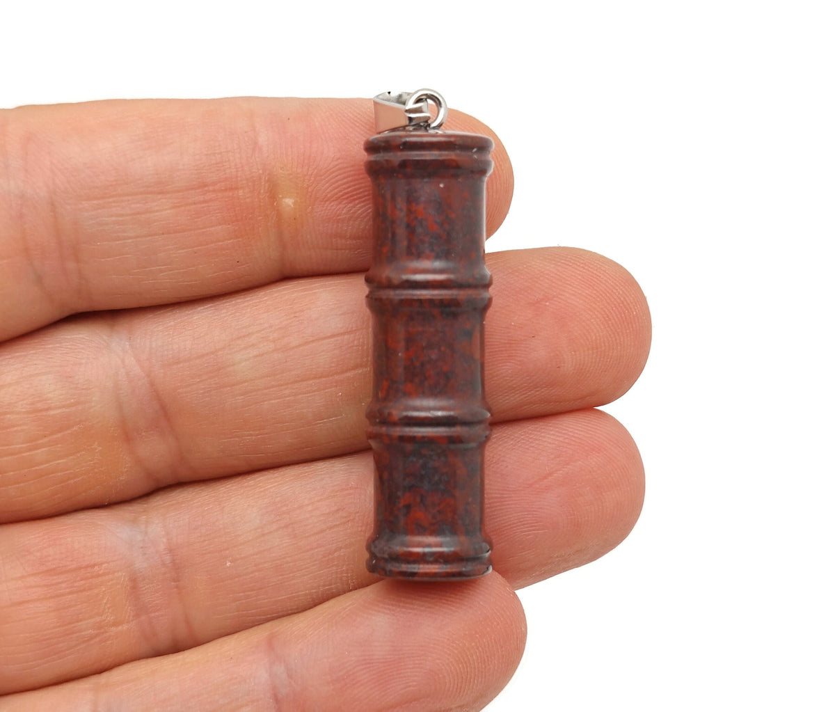 Chicken Bloodstone Jasper bamboo-shaped crystal pendant from GemstoneGO, featuring deep red bloodstone with natural stone details.