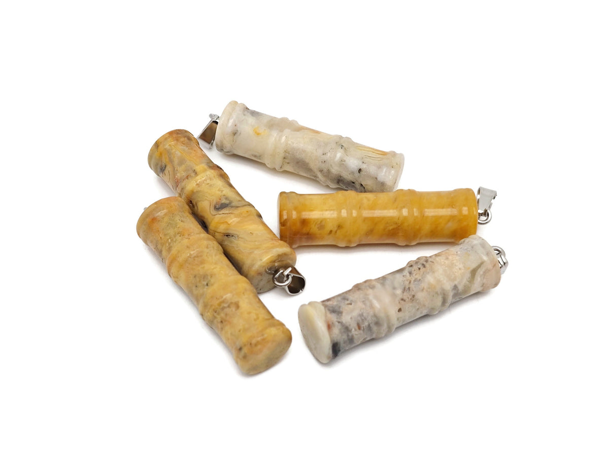 Crazy Lace Agate bamboo-shaped crystal pendant by GemstoneGO featuring protective crystal with intricate lace patterns.