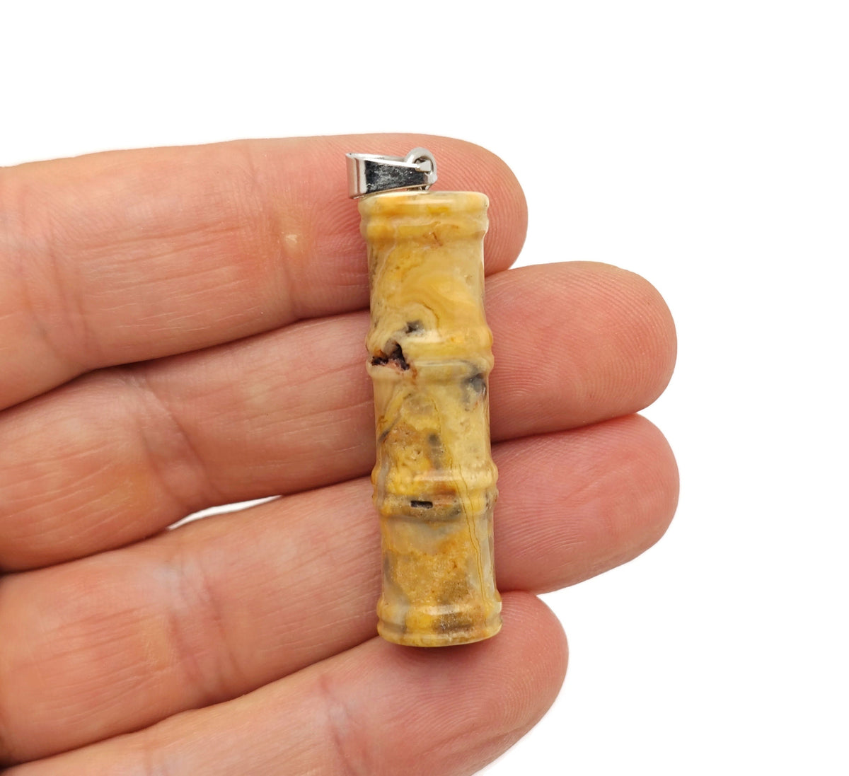 Crazy Lace Agate bamboo-shaped crystal pendant by GemstoneGO featuring protective healing crystal design.