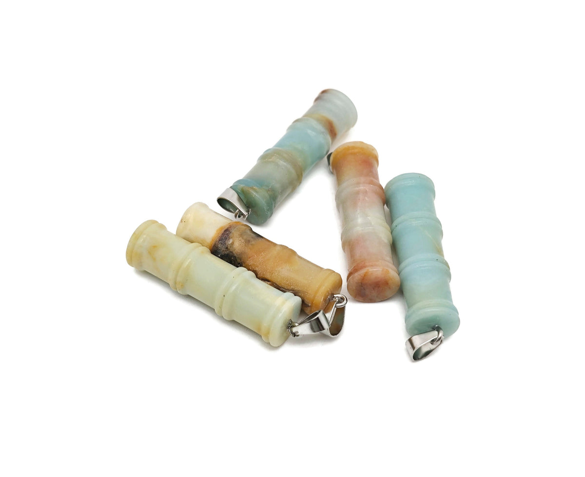 Amazonite bamboo-shaped crystal pendant from GemstoneGO featuring protective healing properties and a natural gemstone design.