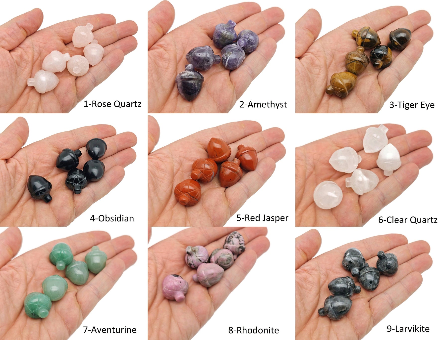 Crystal acorn carved gemstone ornament from GemstoneGO, 26mm, perfect for Reiki healing and home crystal decoration.