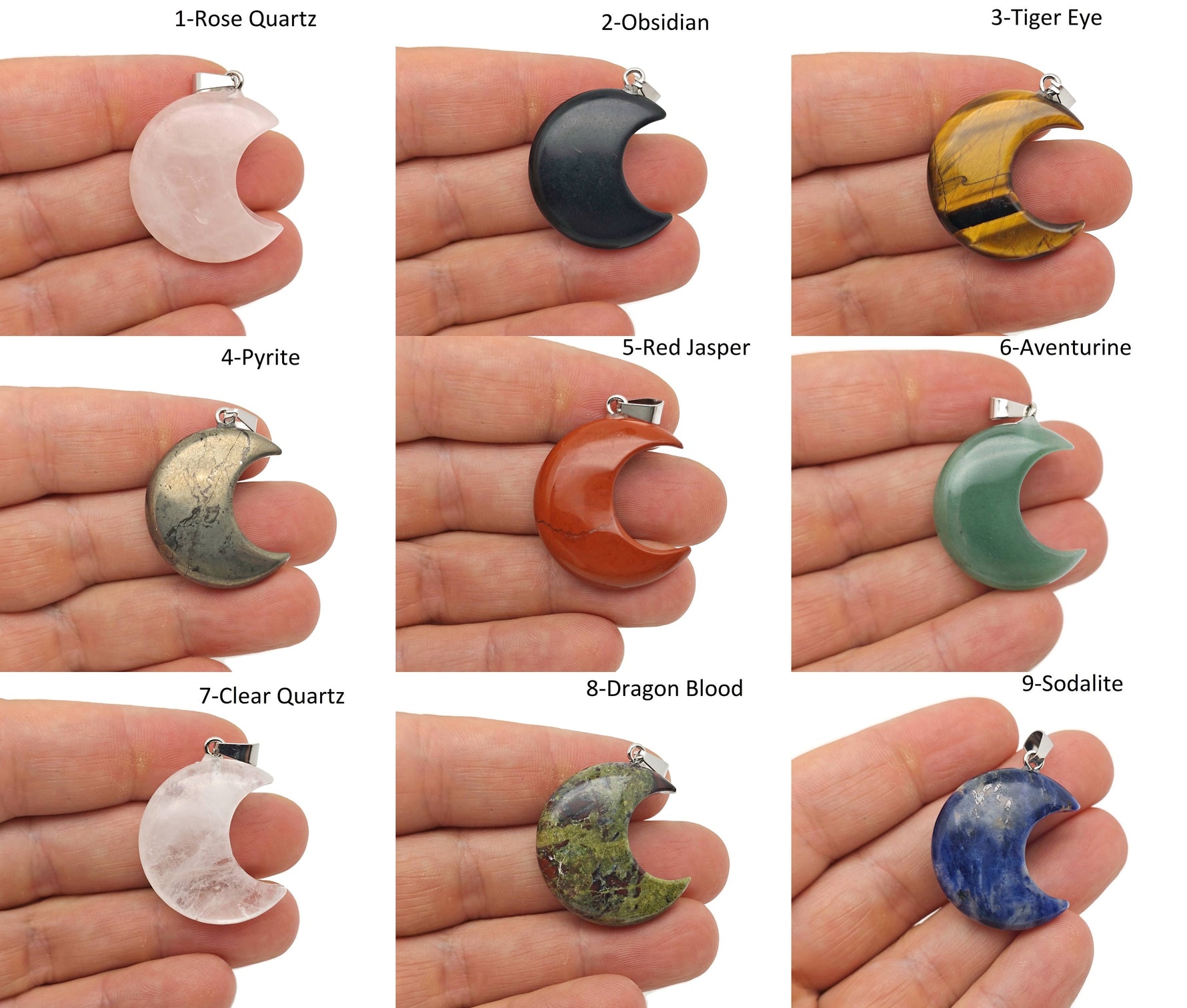 Moon crystal pendant from GemstoneGO, 30mm, wholesale jewelry making supply featuring a round, polished moon-shaped gemstone.