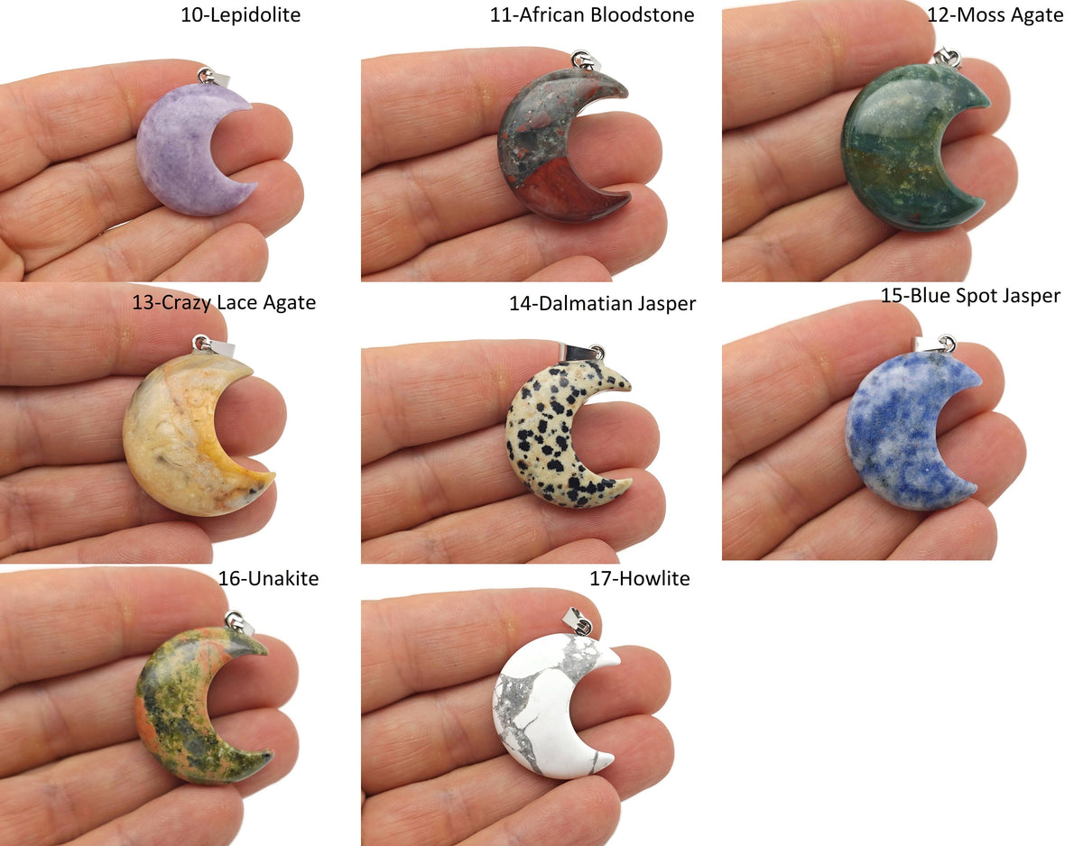 Moon crystal pendant from GemstoneGO, 30mm size, wholesale jewelry supply, featuring a natural moon-shaped gemstone in a mixed color display.