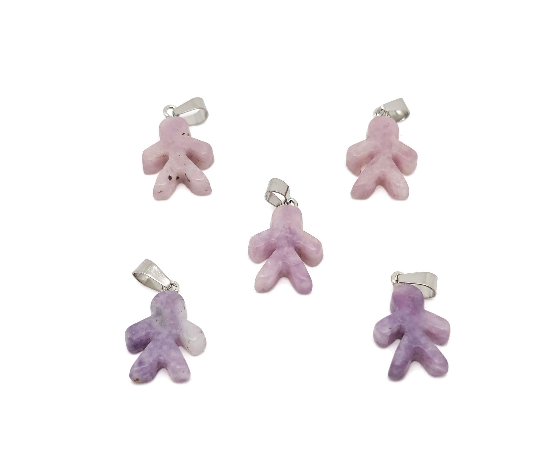 Lepidolite gingerbread cookie-shaped crystal pendant from GemstoneGO, featuring a detailed mineral specimen with gingerbread man design.