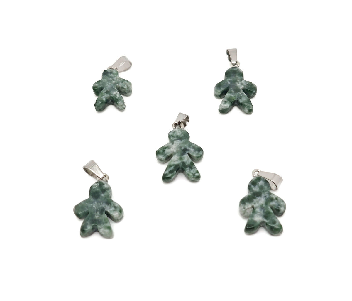 Green Jade gingerbread cookie-shaped crystal pendant featuring a green jade dot and detailed design, crafted by GemstoneGO.