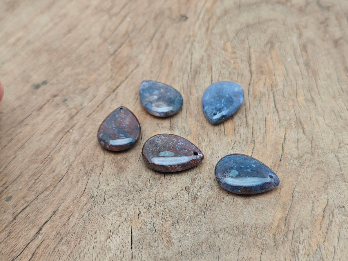 Dainty moss agate drop crystal pendant by GemstoneGO, perfect for DIY jewelry making, showcasing a polished green and brown gemstone.