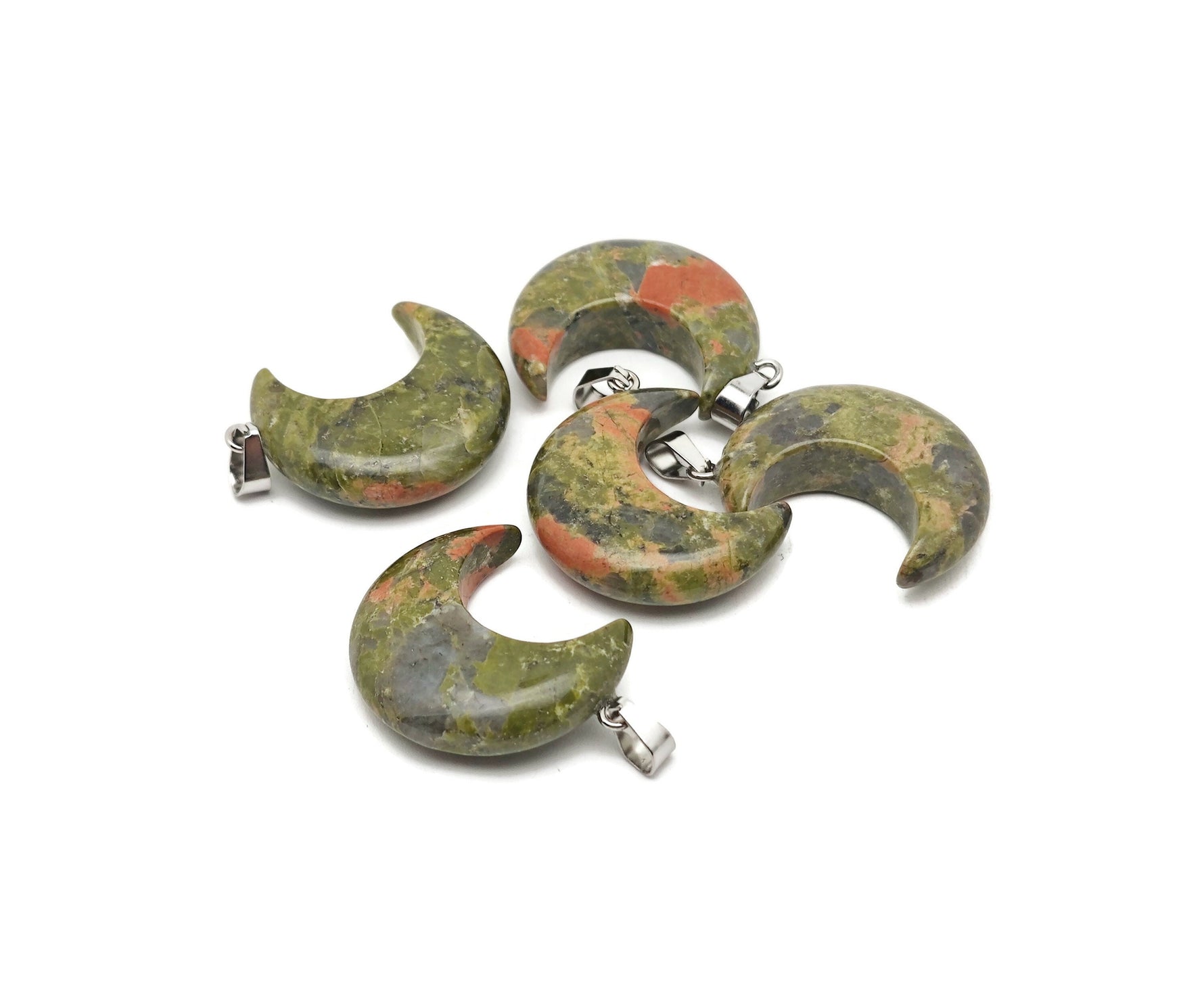 Unakite moon gemstone pendant featuring a crescent moon shape, crafted by GemstoneGO, with vibrant green and pink hues.