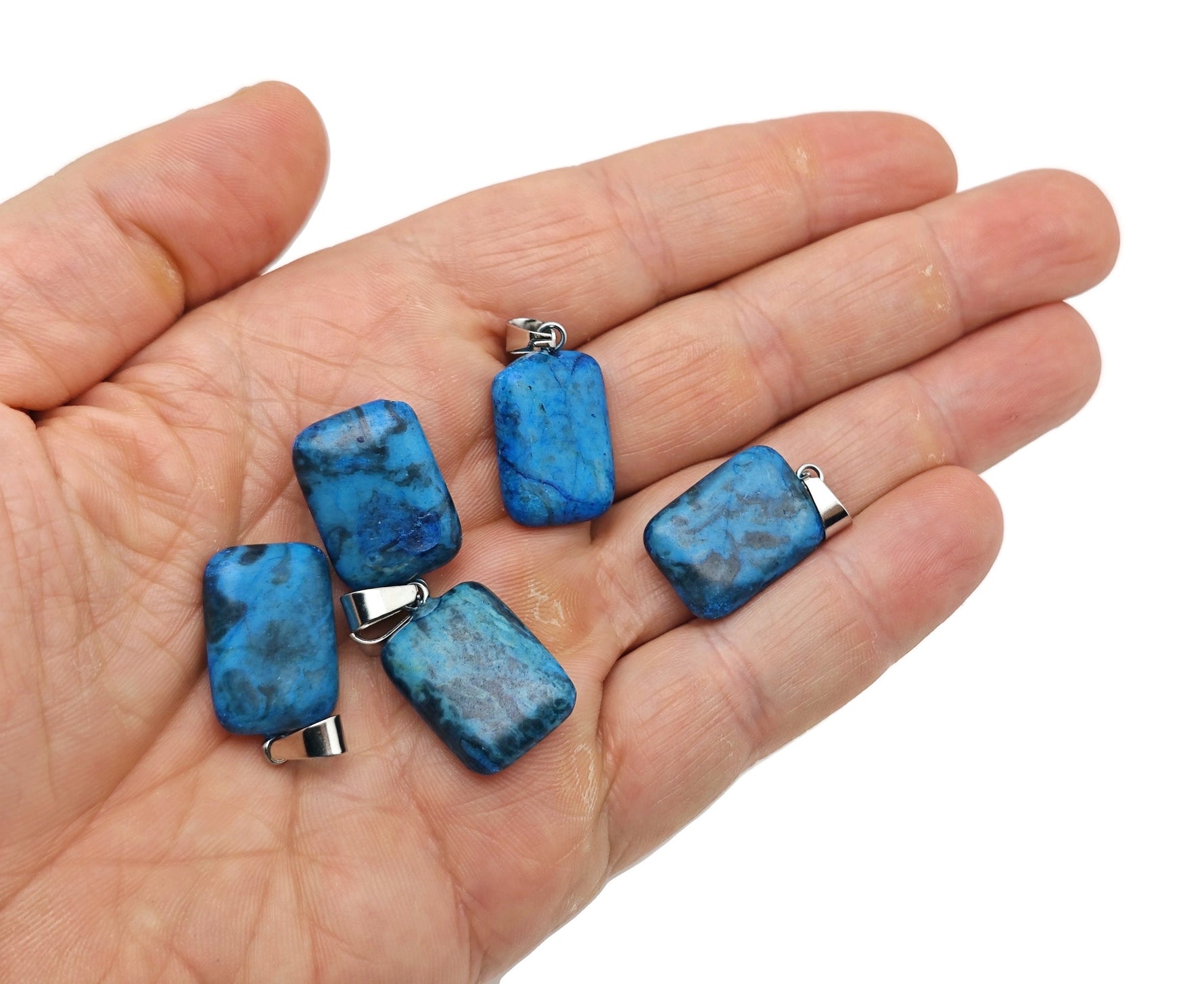 Blue Apatite rectangle-shaped crystal pendant from GemstoneGO, showcasing a polished gemstone pendant for jewelry making.
