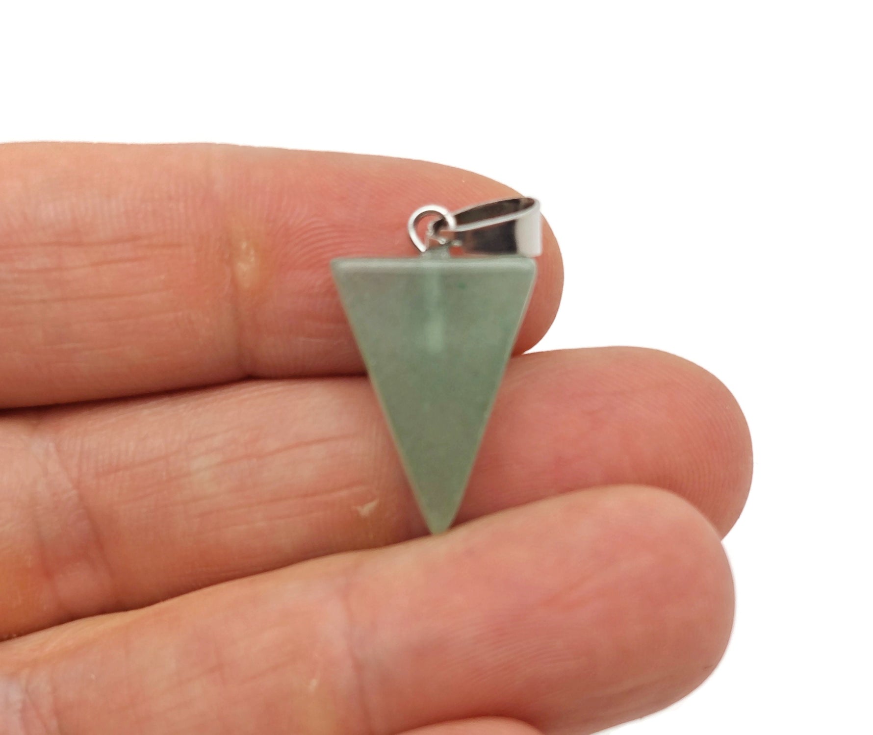 Aventurine triangle-shaped crystal pendant from GemstoneGO, showcasing a vibrant green gemstone with natural veining.