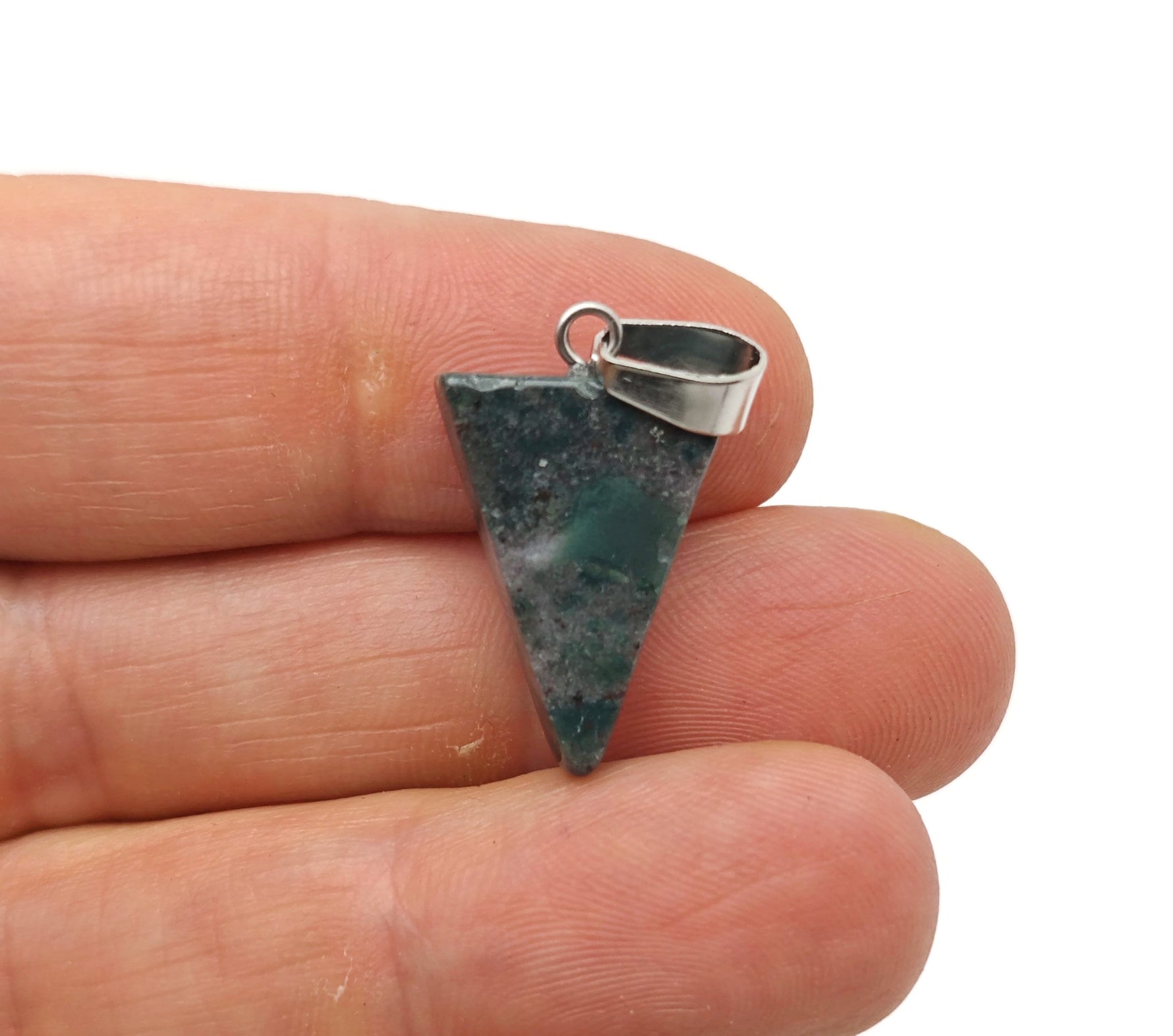 Moss agate triangle-shaped crystal pendant from GemstoneGO, showcasing green and brown natural gemstone details.
