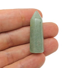 Aventurine obelisk tower crystal from GemstoneGO, 40mm tall with green and shimmering mineral details, standing upright.