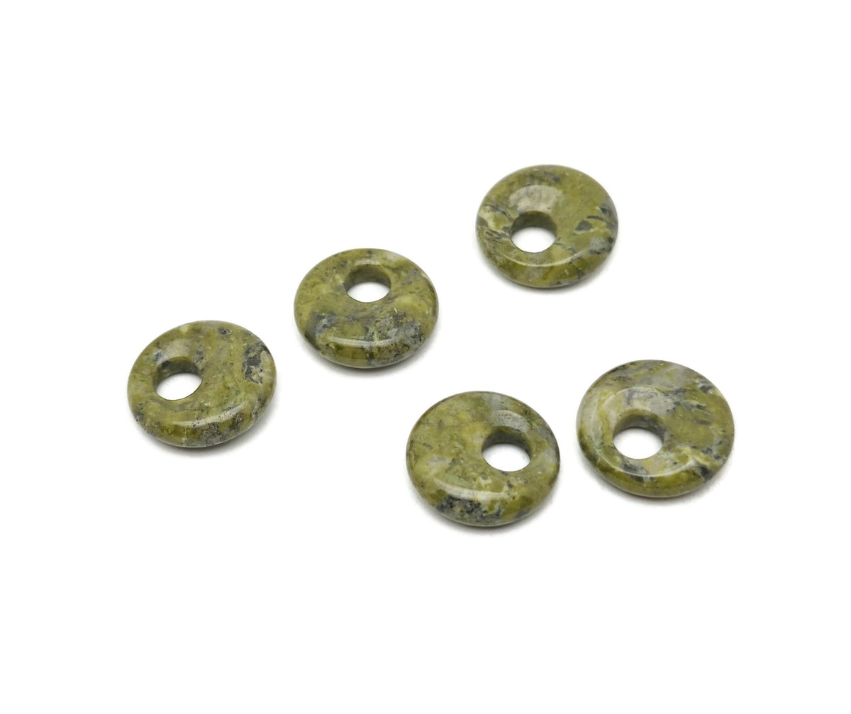 Unakite crystal donut pendant, 18mm Pi stone from GemstoneGO, showcasing vibrant green and pink mineral patterns.