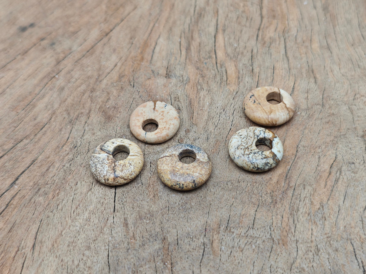 Picture Jasper crystal donut pendant from GemstoneGO, 18mm Pi Stone with natural earthy patterns and polished surface.