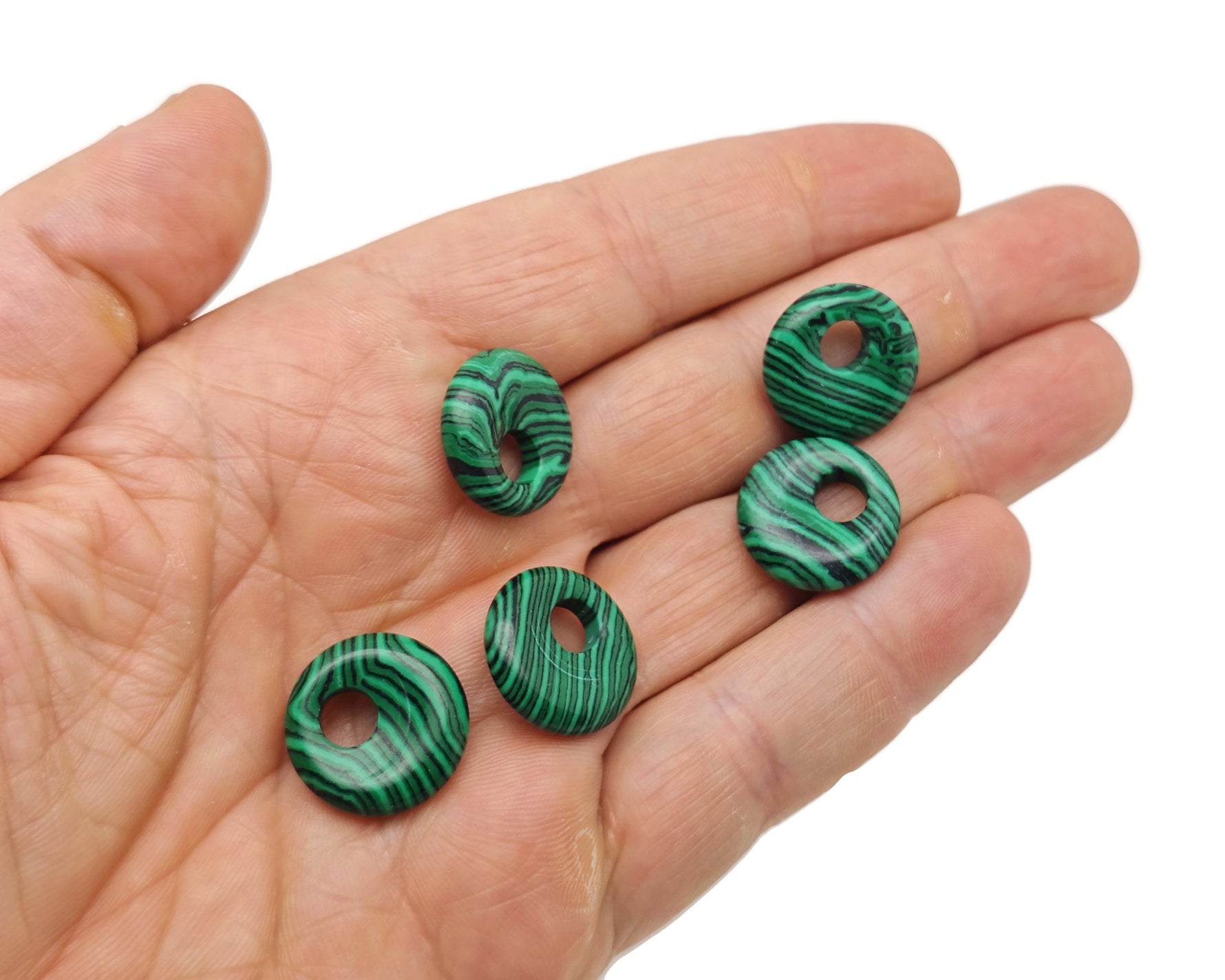 Malachite synthetic crystal donut pendant, 18mm Pi stone with vibrant green and black banding, from GemstoneGO.