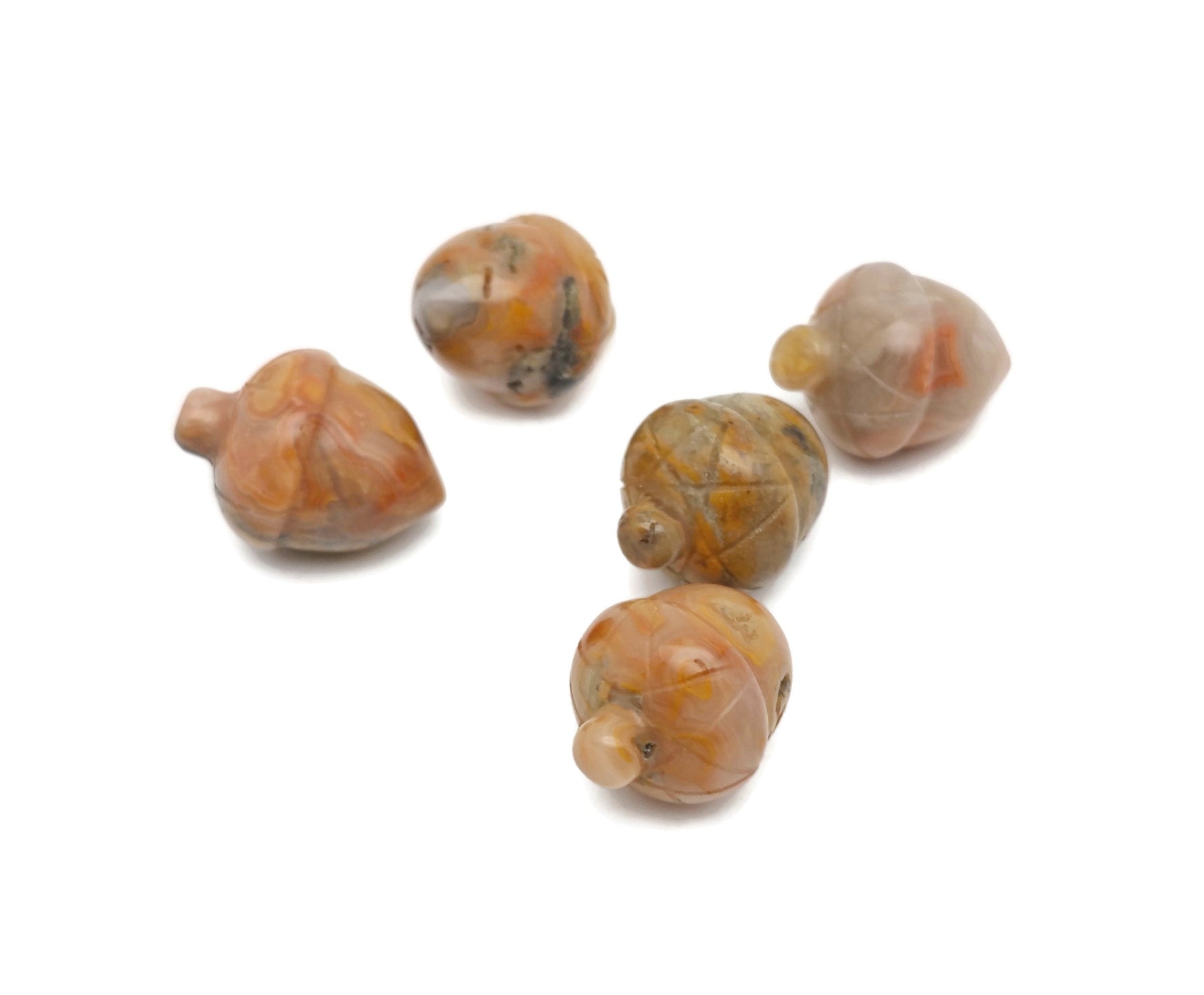 Crazy Lace Agate crystal acorn carved gemstone from GemstoneGO, 26mm, detailed home crystal decoration with vibrant patterns.