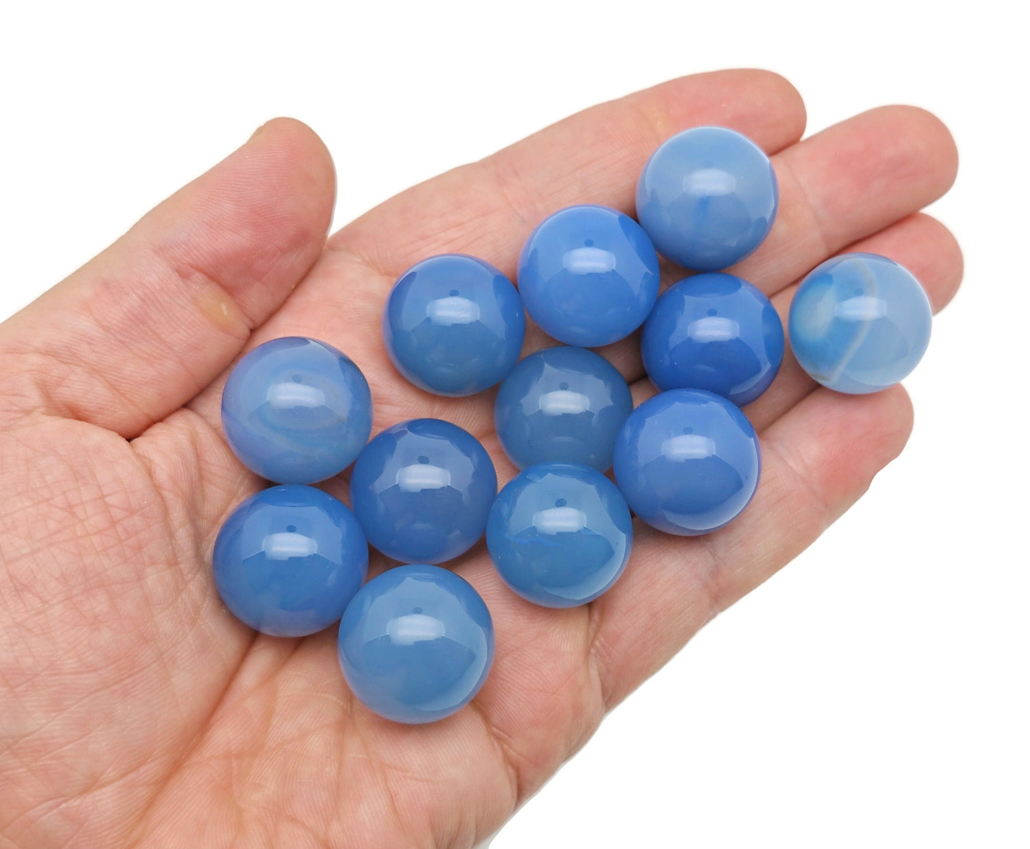 Blue Agate Sphere gemstone crystal ball, 20mm size, showcasing intricate banding and vibrant blue hues.