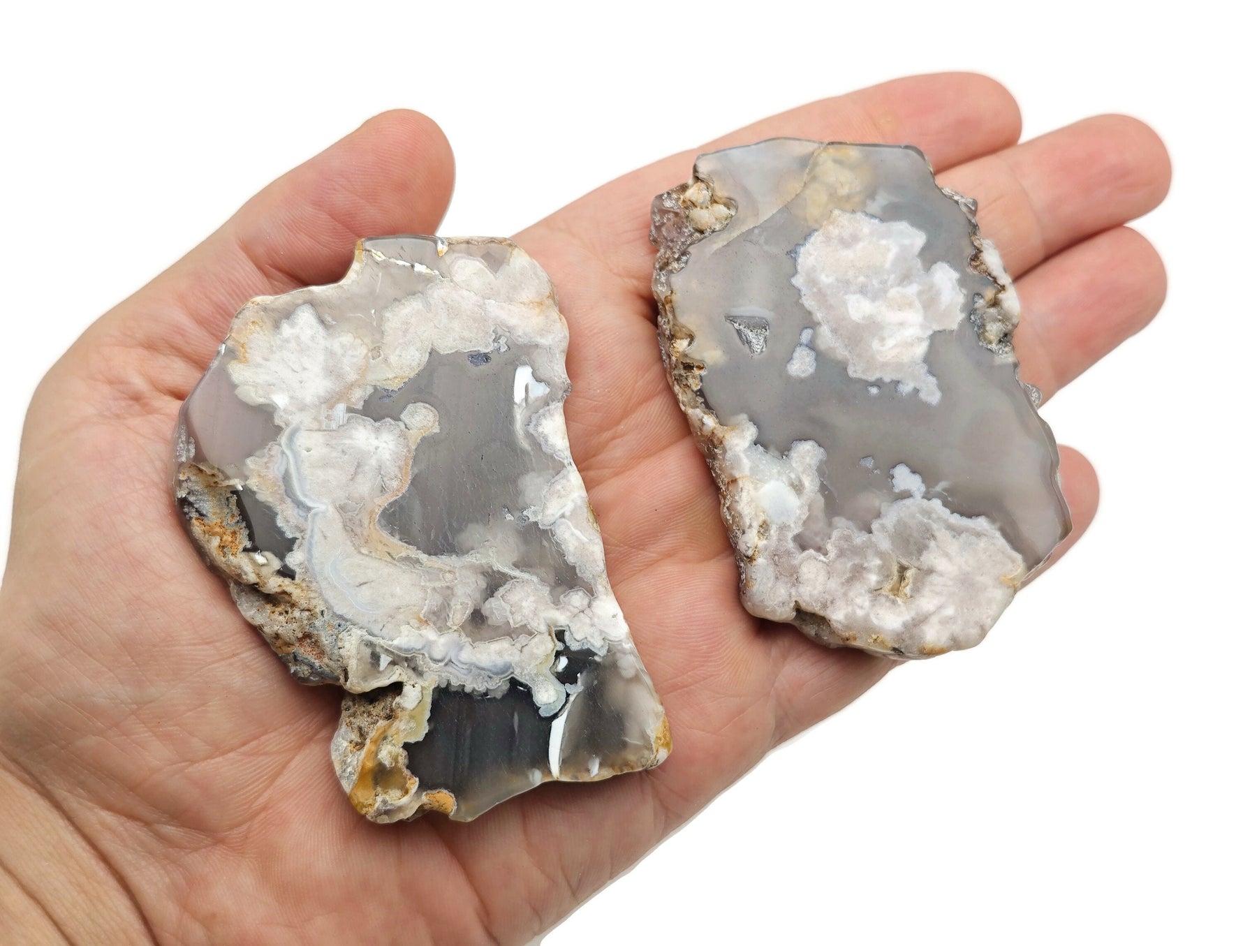 Flower Agate flat gemstone slab with cherry blossom pattern, showcasing vibrant colors and intricate crystal details.